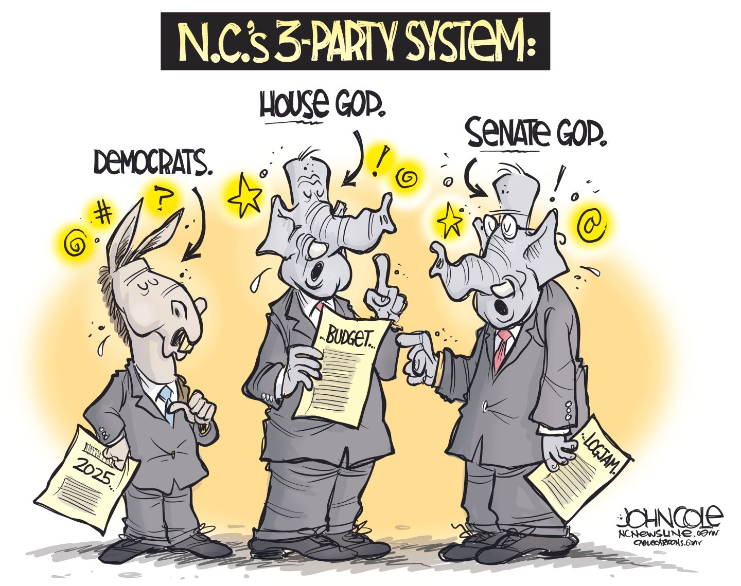 
                                This cartoon is titled “N.C.’s 3-party system.” It shows a donkey labeled Democrats, an elephant labeled House GOP and a final elephant labeled Senate GOP engaged in a lively discussion.
                            