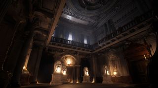 Resident Evil Village - the interior of Dimitrescu castle. A two story room with a second bloor ring balcony is lit by candles.