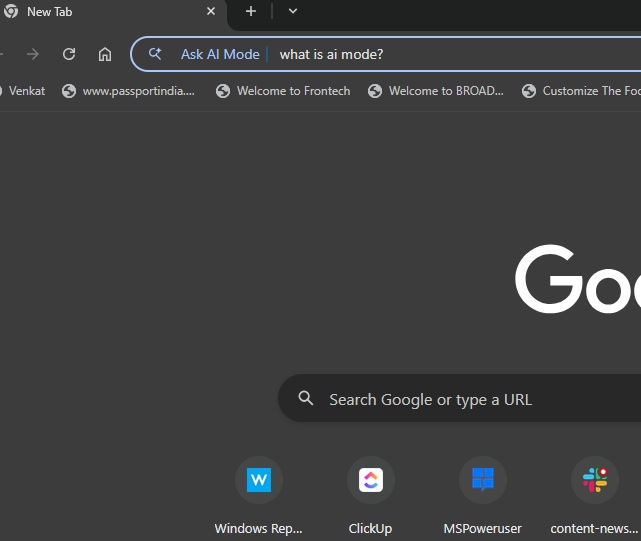 A snapshot of Google Chrome's supposed "AI Mode" shortcut for its address bar.