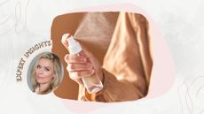 makeup artist caroline barnes next to an image of a woman's hand spraying a face mist, wearing a beige shirt