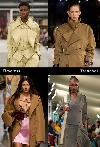 a collage of models on the runway wearing the spring trend: trench coats
