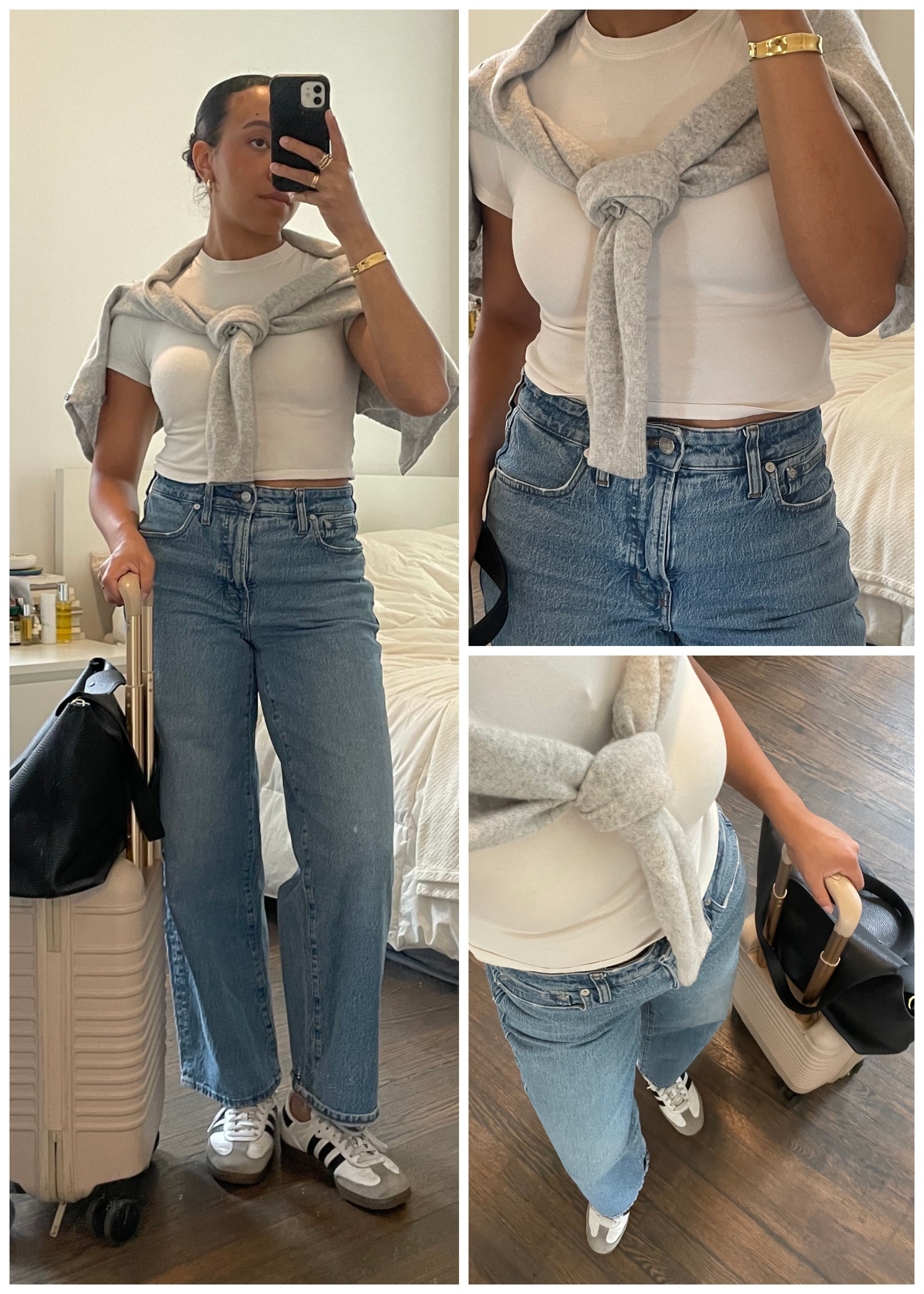 Lauren Tappan wearing a white shirt jeans and adidas sambas