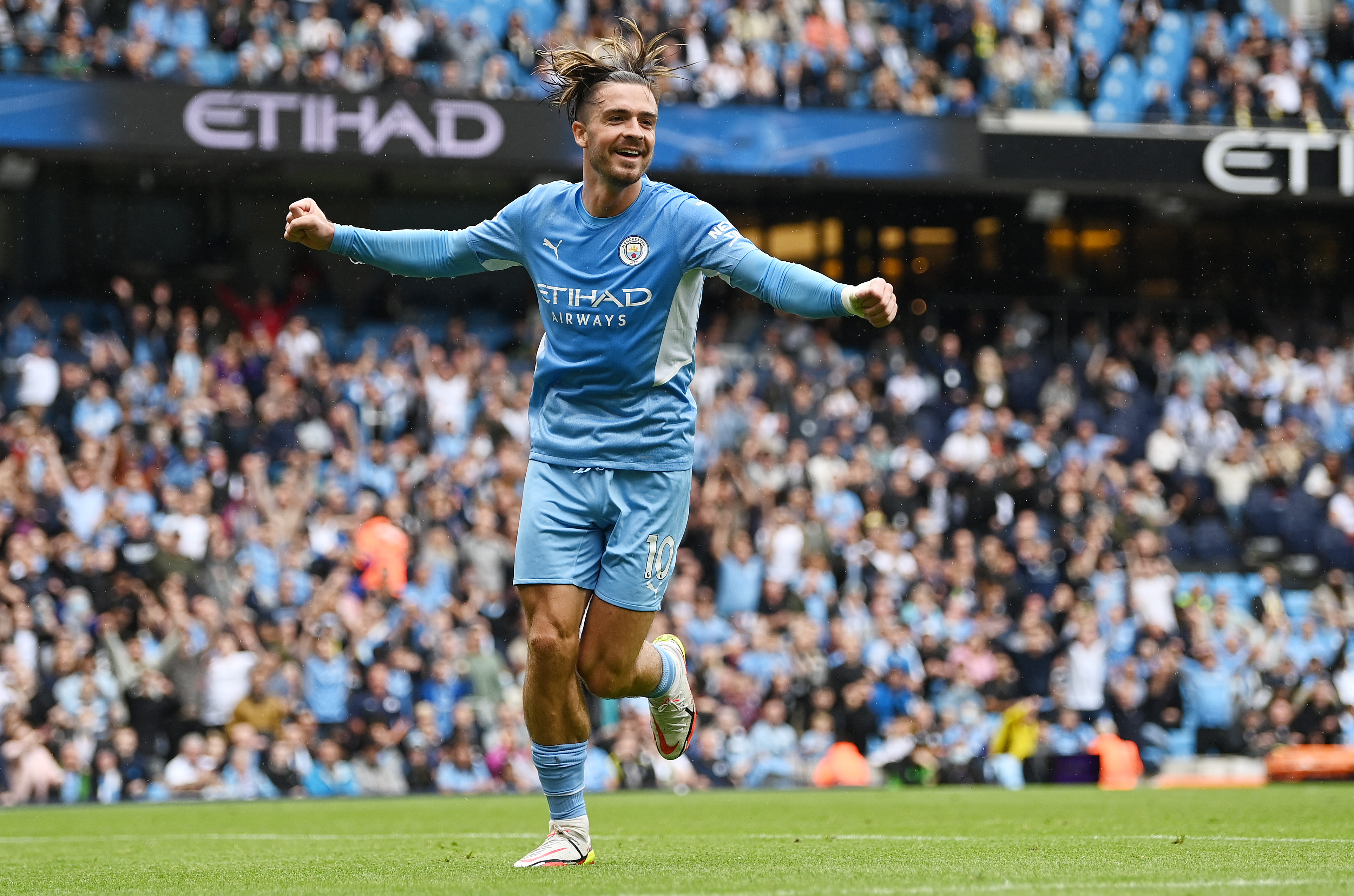 Jack Grealish of Manchester City celebrates a goal in the Premier League