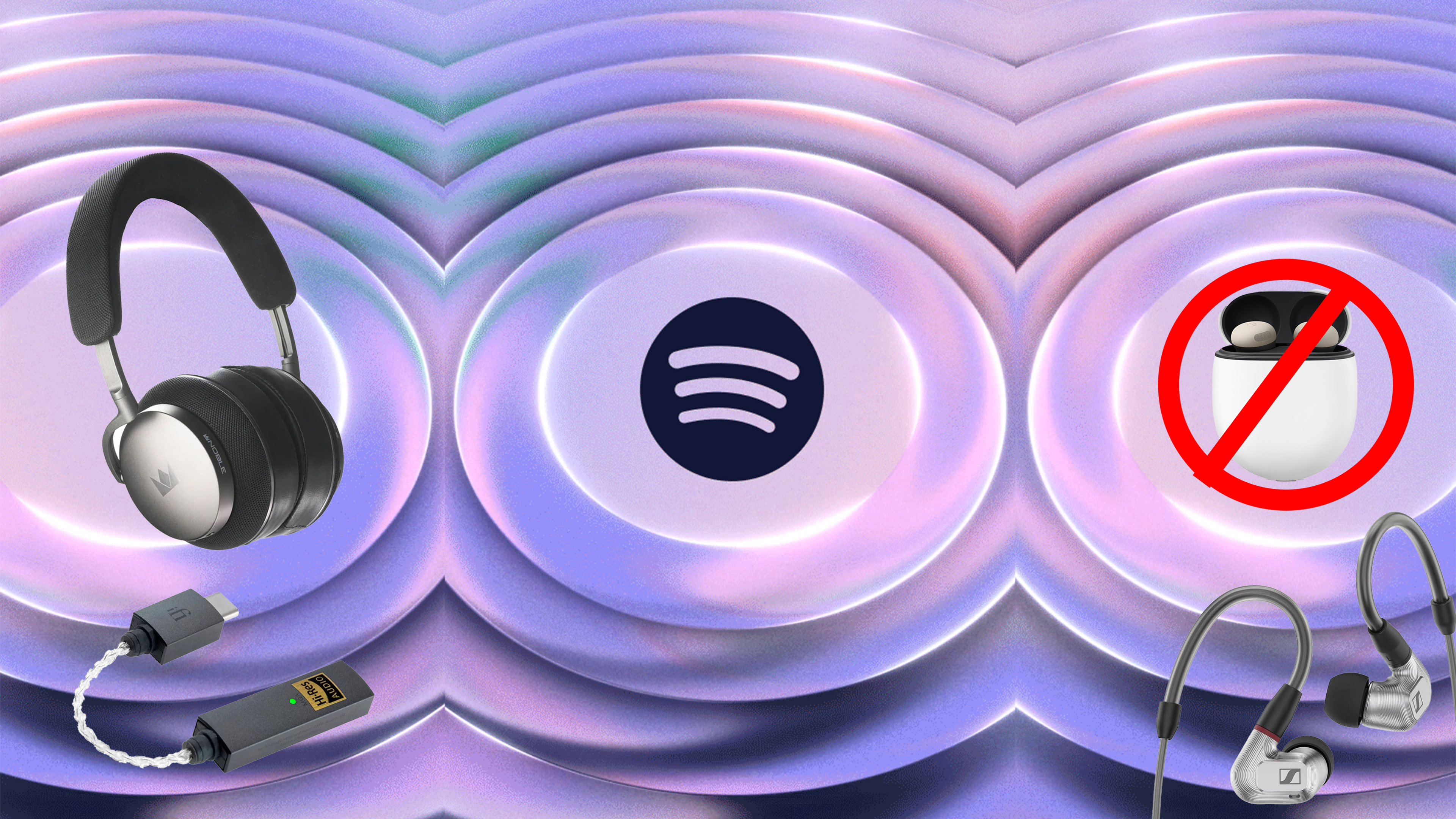 Spotify lossless image with various headphones and earbuds and DACs