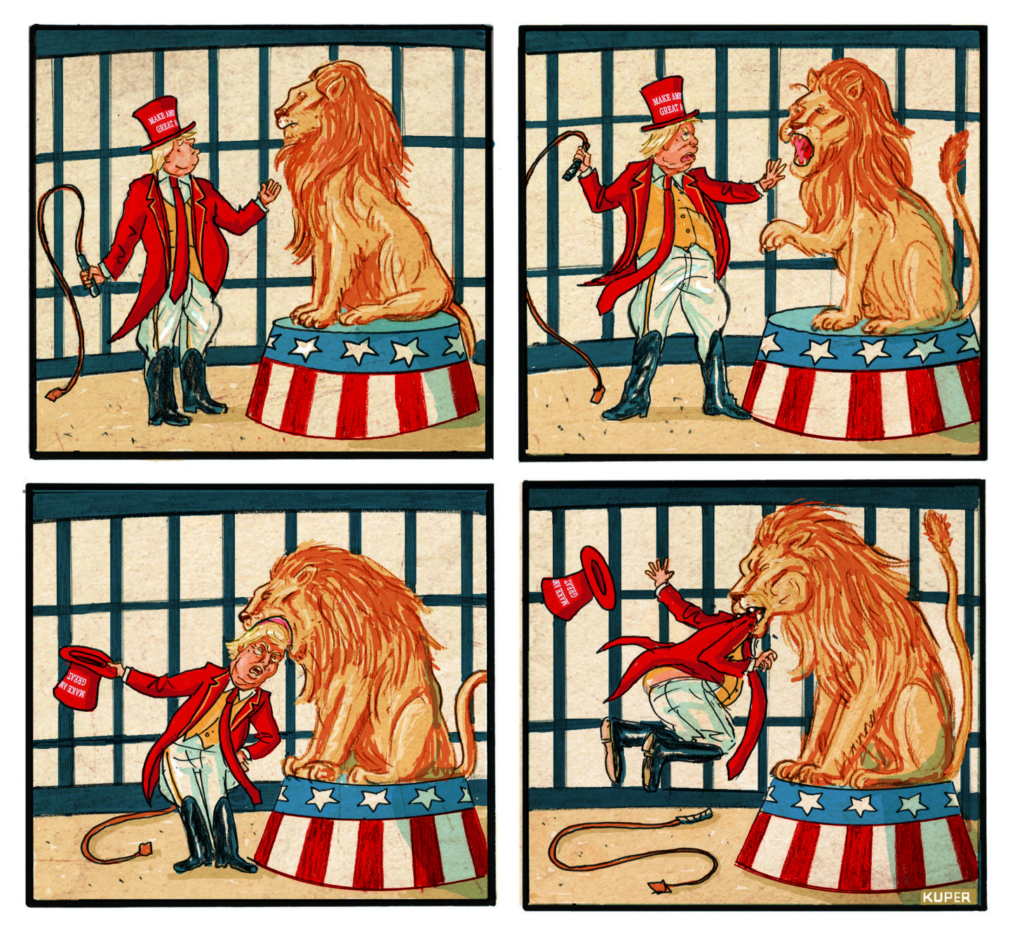 This is a four-panel political cartoon that depicts Donald Trump as a liontamer performing at the circus with a large lion. The first three panels show Trump moving his head closer to the lion’s mouth and eventually in it. In the final panel, the lion has bitten down completely on Trump’s head, dooming him.