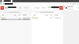 AnyDesk's user interface showing file transfer between two machines