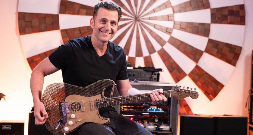 Dweezil Zappa plays a cardboard Fender Stratocaster in Hikari Studios, Los Angeles.