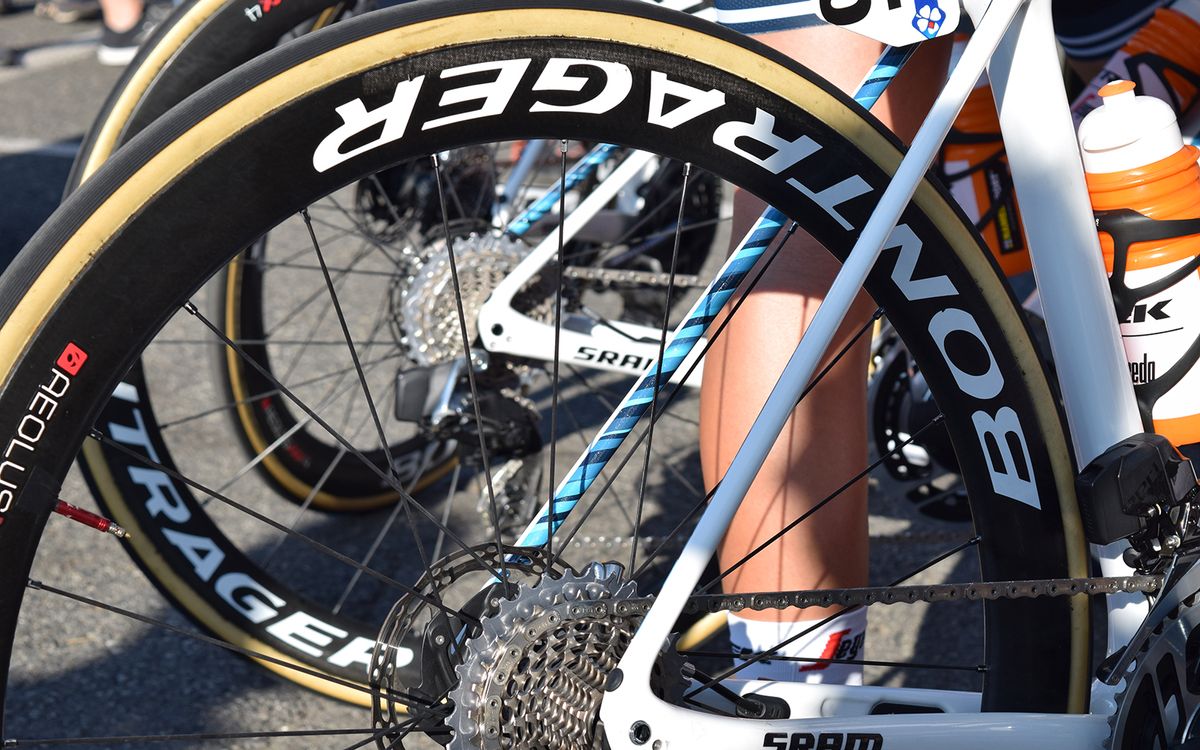 The Trek-Segafredo framesets feature team graphics on the inside of the forks and seat stays