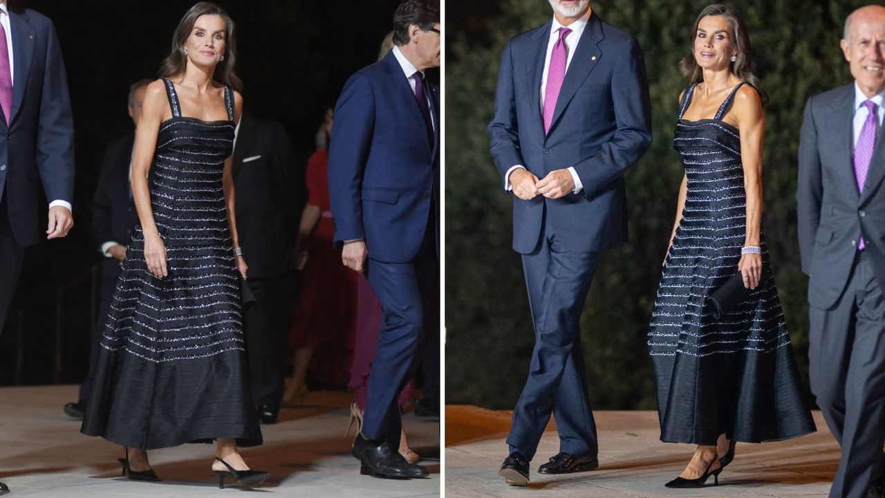 Composite of two pictures of Queen Letizia wearing a black and silver dress and black kitten heeled slingback shoes to the Planeta Prize Gala in 2024