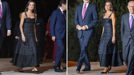 Composite of two pictures of Queen Letizia wearing a black and silver dress and black kitten heeled slingback shoes to the Planeta Prize Gala in 2024