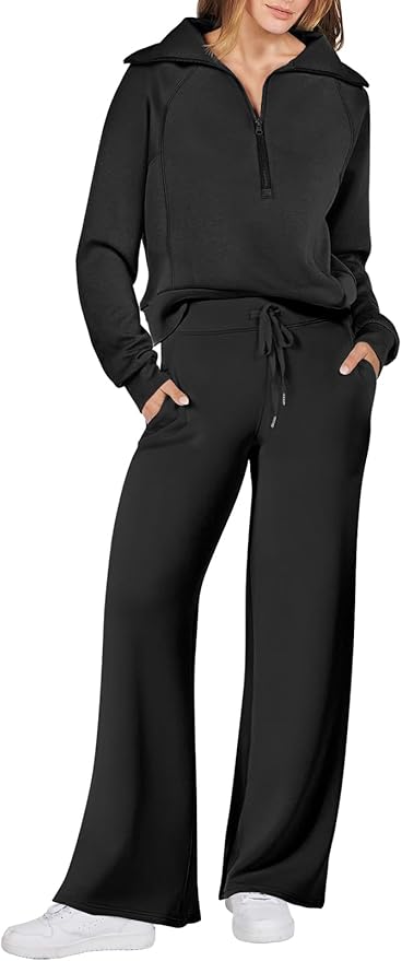 ANRABESS, Anrabess Women 2 Piece Outfits 2025 Fall Fashion Airport Wide Leg Pants Lounge Set Leisure Travel Vacation Clothes Sweatsuits Black Medium