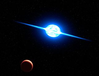 This is an artist's concept of the fastest rotating star found to date. The massive, bright young star, called VFTS 102, rotates at about 1.24 million miles (two million kilometers) per hour. Centrifugal force from this dizzying spin rate has flattened the star into an oblate shape, and spun off a disk of hot plasma, seen edge on in this view from a hypothetical planet.