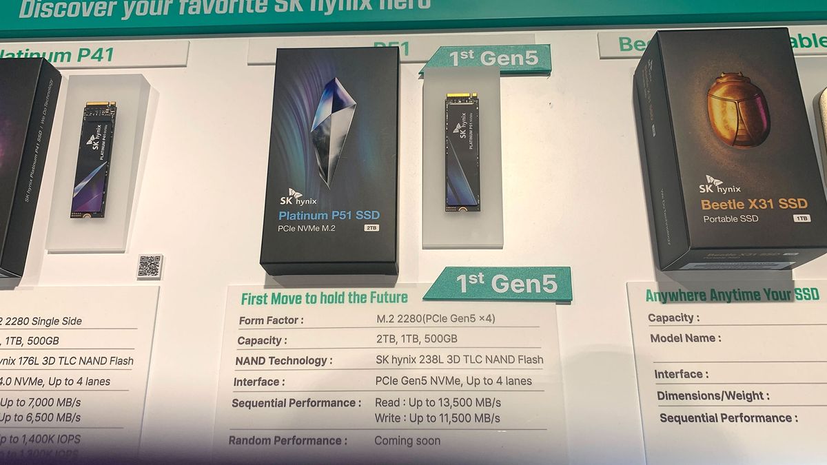 SK hynix Platinum P51 shown at GTC 24, along with previous gen SSDs.