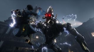 A shot of Pinocchio from Lies of P in the clutches of a giant policeman robot in a rainy elizabethan backdrop. The robot is surrounded by lightning.