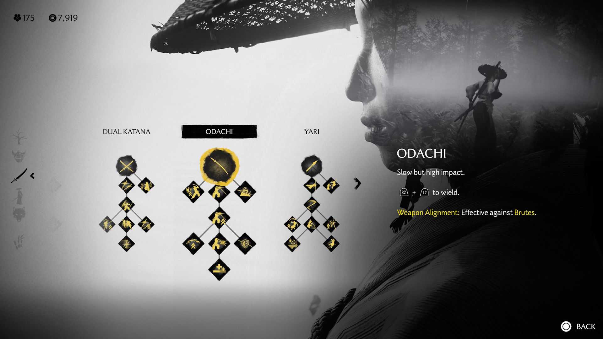 Ghost of Yotei menu screenshot showing weapon skills