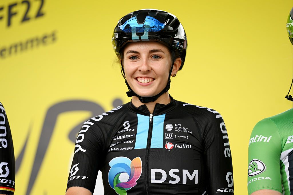 EPERNAY FRANCE JULY 26 Juliette Labous of France and Team DSM Women prior to the 1st Tour de France Femmes 2022 Stage 3 a 1336km stage from Reims to pernay TDFF UCIWWT on July 26 2022 in Epernay France Photo by Dario BelingheriGetty Images