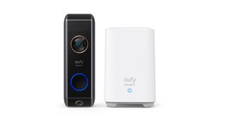 The eufy Security Video Doorbell Dual (Battery) on a white background next to its base station