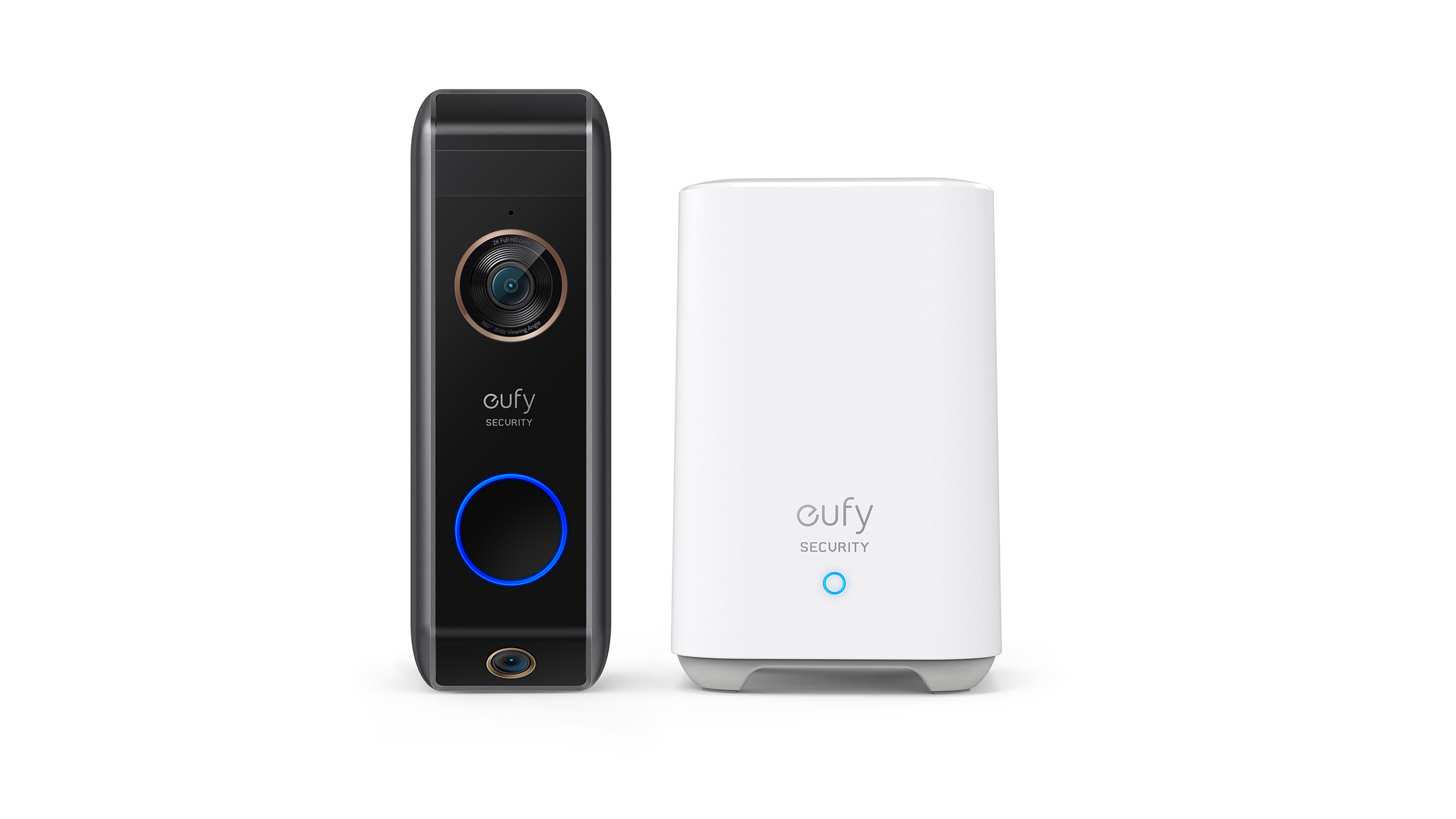 The eufy Security Video Doorbell Dual (Battery) on a white background next to its base station