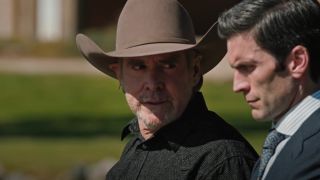 Will Patton on Yellowstone, looking at Wes Bentley who is standing to his right.