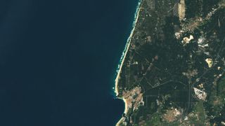 A more recent satellite photo of Nazaré taken on Feb. 5, 2022, which shows the more typical wave conditions during winter months.