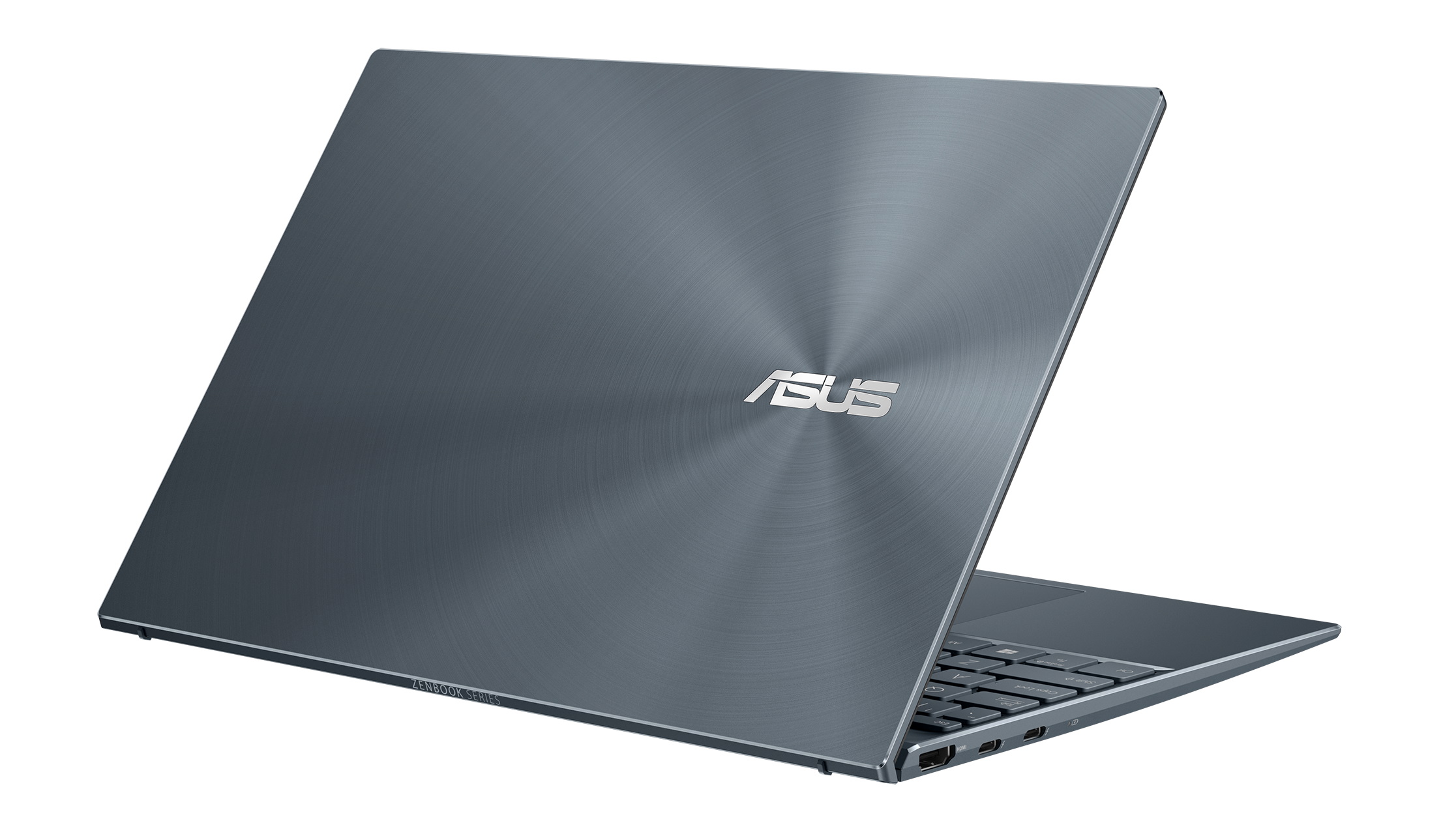Back shot of Asus ZenBook 13 (2021) laptop with screen open on white background