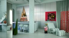 Image of a futuristic kitchen space that is open concept to a living area and dining area. The space is color-drenched in a light teal, and there is a kitchen island and a brick support beam in the center of the room. 