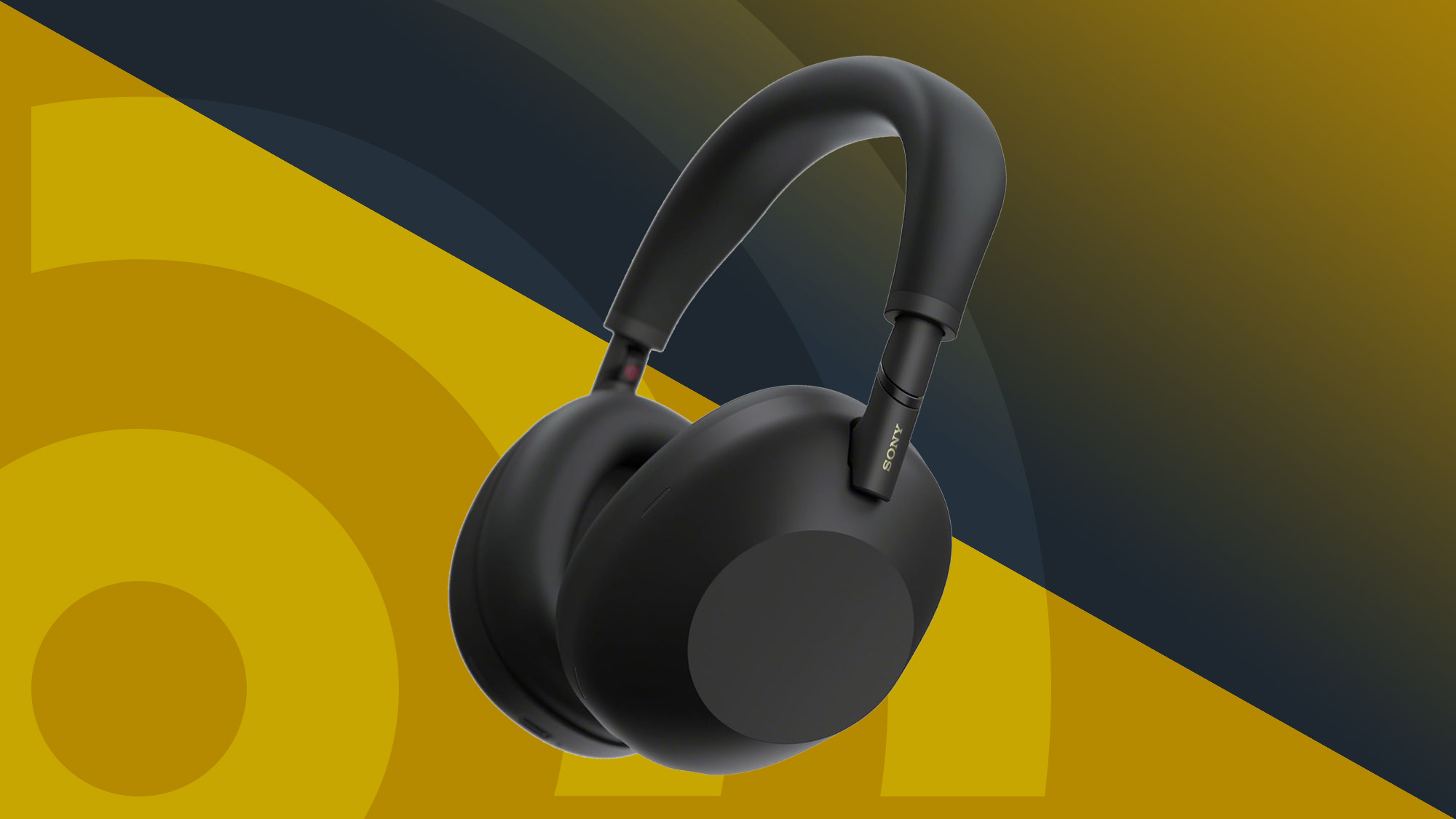 Black Sony XM6 headphones on a yellow background