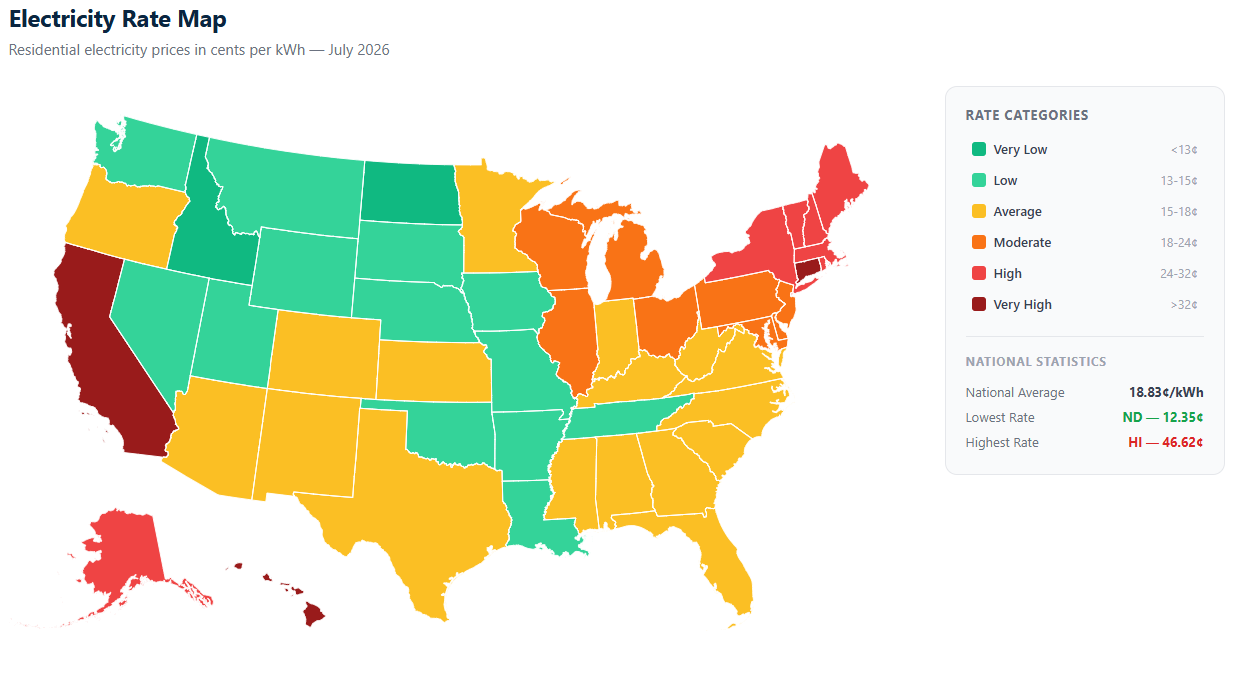 A map of US residential electricity prices in the US