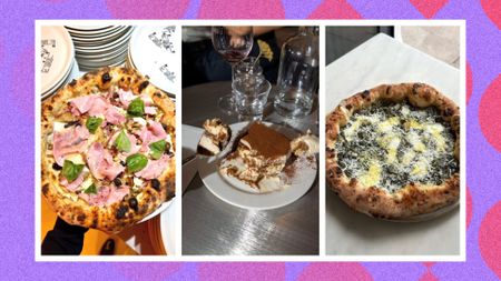 an image showing three different images of food from Napoli on the Road, from L-R, White Capricciosa pizza, tiramisu, Foglie e patate pizza