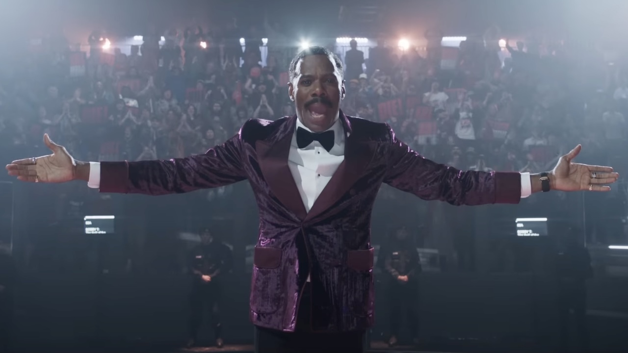 Colman Domingo&#039;s Bobby Thompson announcing The Running Man TV show with his arms outstretched