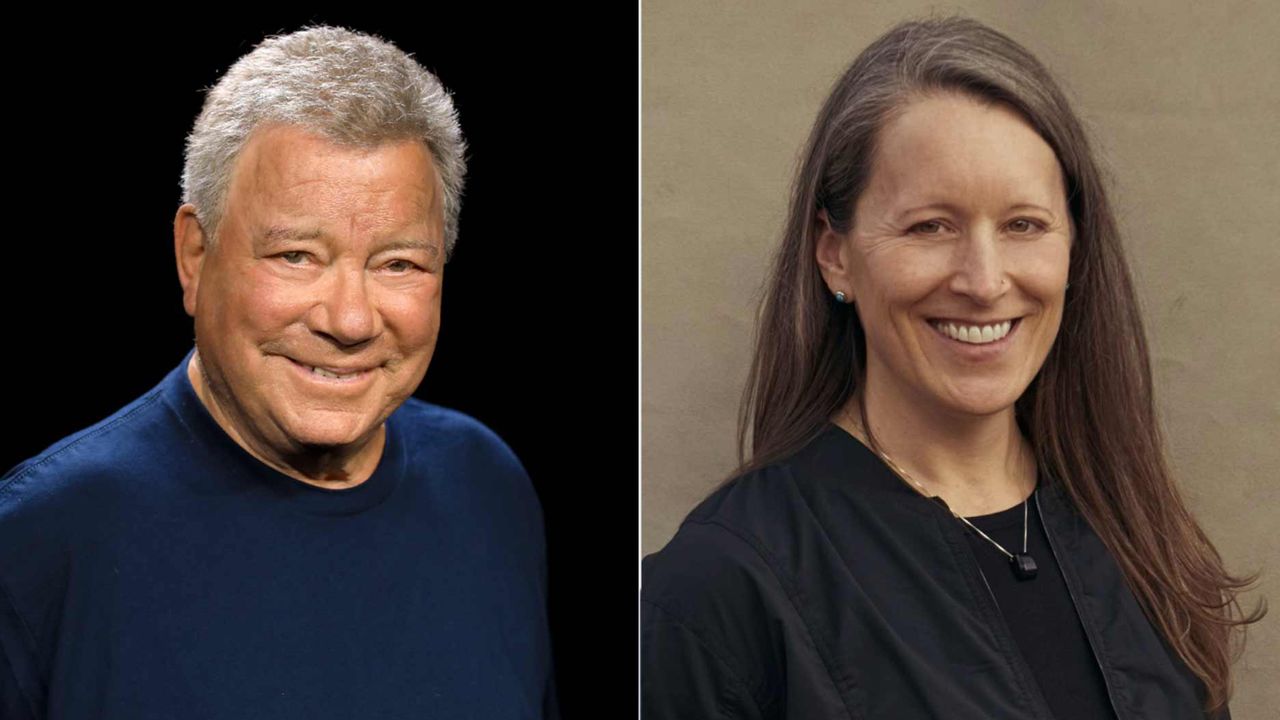 Actor William Shatner (left) and Blue Origin Vice President of Mission &amp; Flight Operations Audrey Powers (right) will fly on Blue Origin's New Shepard NS-18 mission, on Oct. 12, 2021.