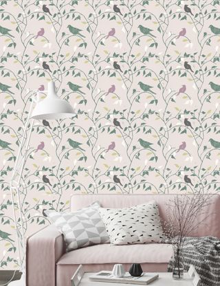 Walk in the Woods wallpaper in putty and sage with light pink sofa
