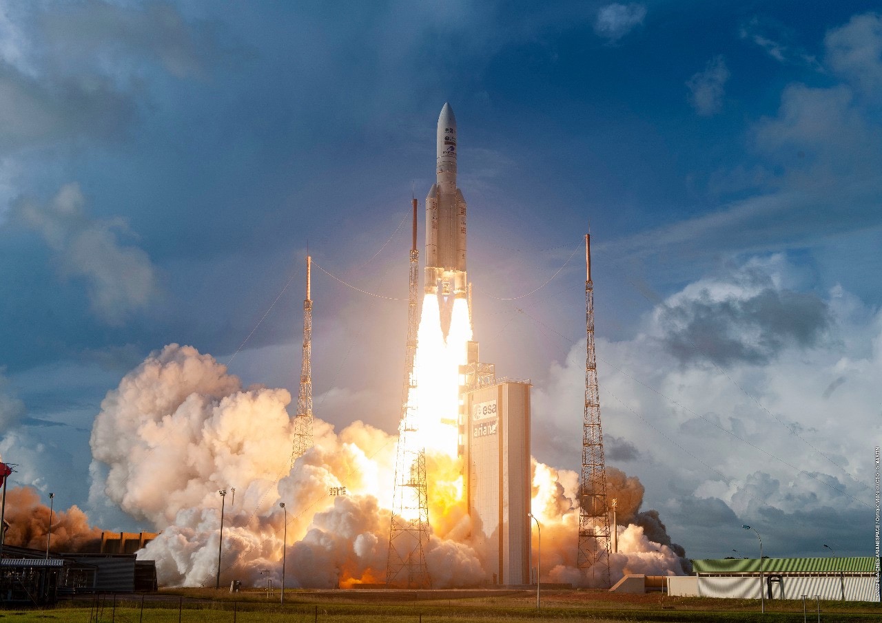 An Arianespace Ariane 5 rocket launches three satellites to orbit from Kourou, French Guiana on Dec. 13, 2022.