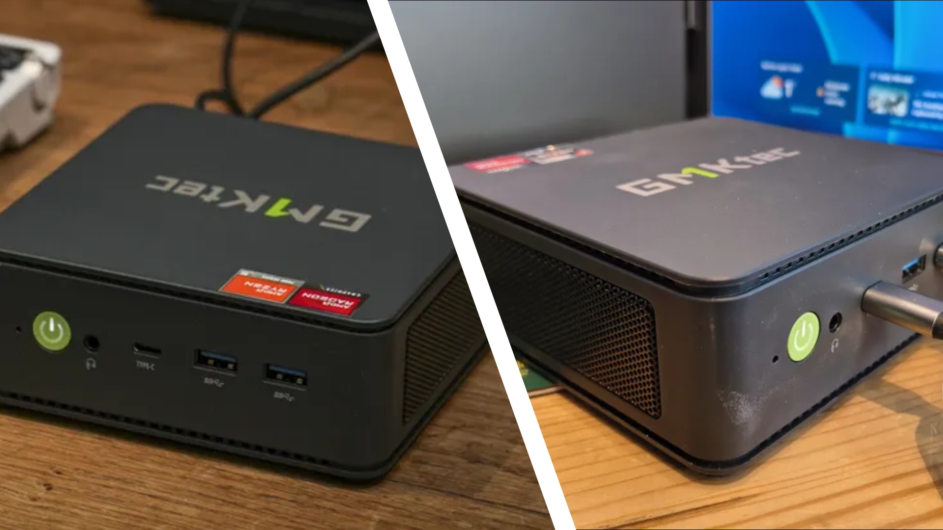 The GMKtec M6 Ultra and GMKtec M5 Ultra mini PCs in a split screen on desks during our review