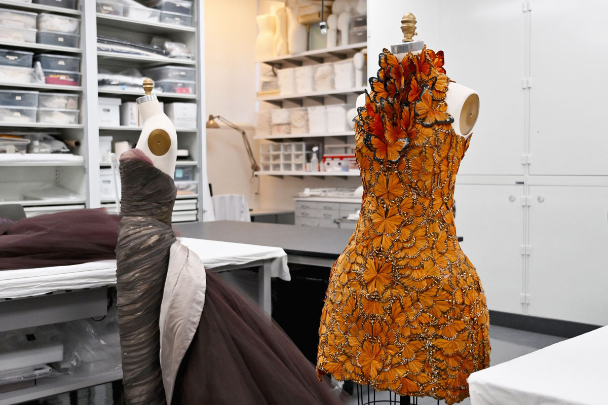 an image of an orange butterfly dress on a mannequin