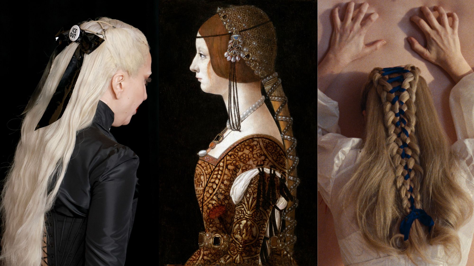 Lady Gaga wears 'no ICE" pin on her bow at the 68th Grammy Awards in Los Angeles, CA, Sunday, Feb. 1, 2026; Portrait of Bianca Maria Sforza by Ambrogio de Predis (Italian, circa 1455 - 1508); oil on panel, circa 1493. From the National Gallery, Washington DC; Still of Margot Robbie from the 2026 film Wuthering Heights.