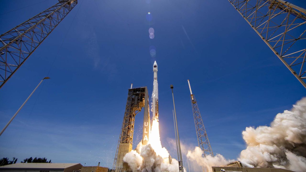 A United Launch Alliance Atlas V rocket carrying the SBIRS GEO Flight 5 missile-warning satellite for the U.S. Space Force lifts off from Space Launch Complex 41 at Cape Canaveral Space Force Station in Florida on May 18, 2021.