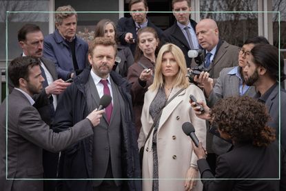 Michael Sheen (right) and Shannon Horgan (left) surrounded by reporters on the set of Best Interests