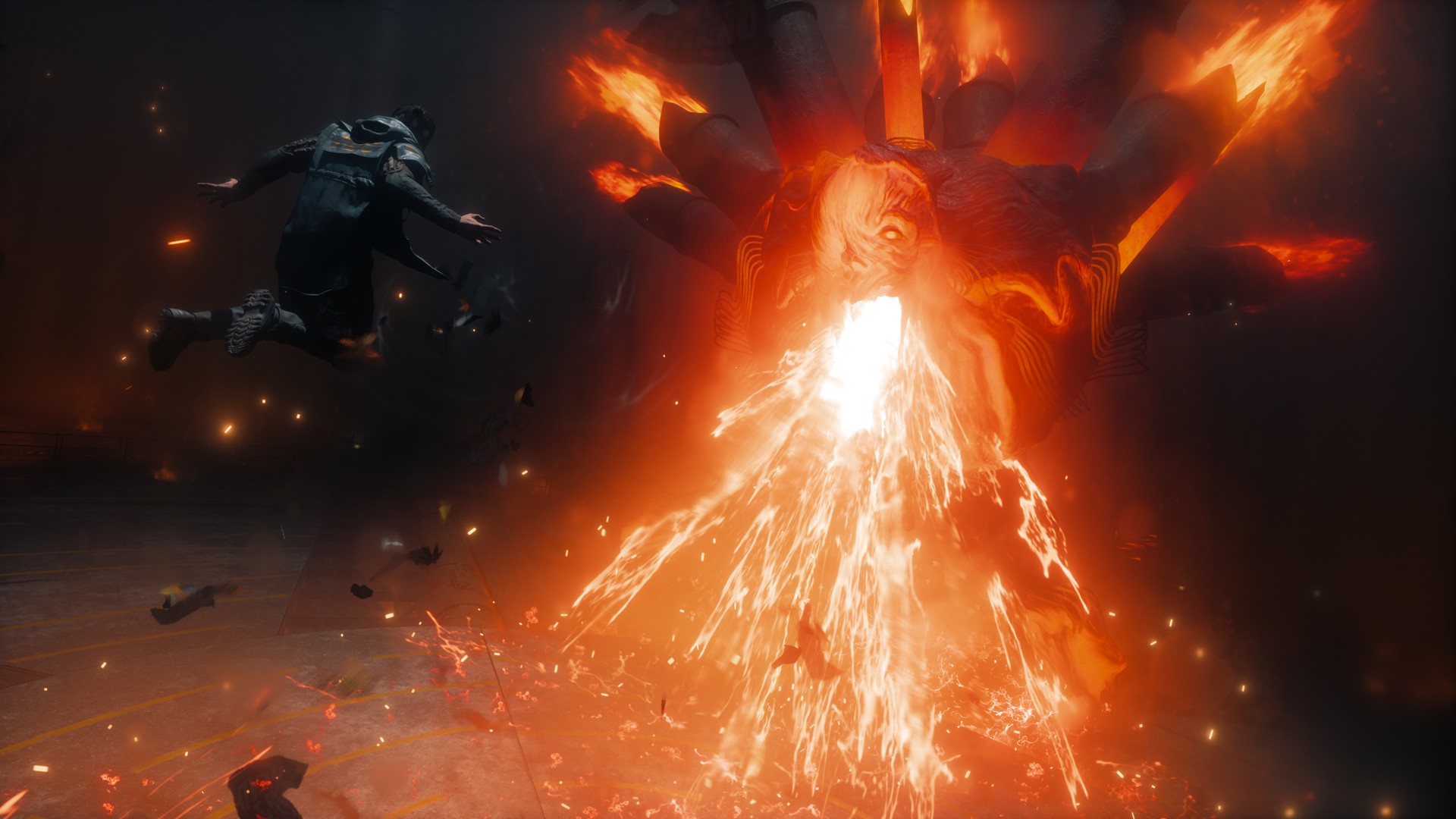 Dylan hovers as a huge enemy with an engine-like back spews lava in Control Resonant