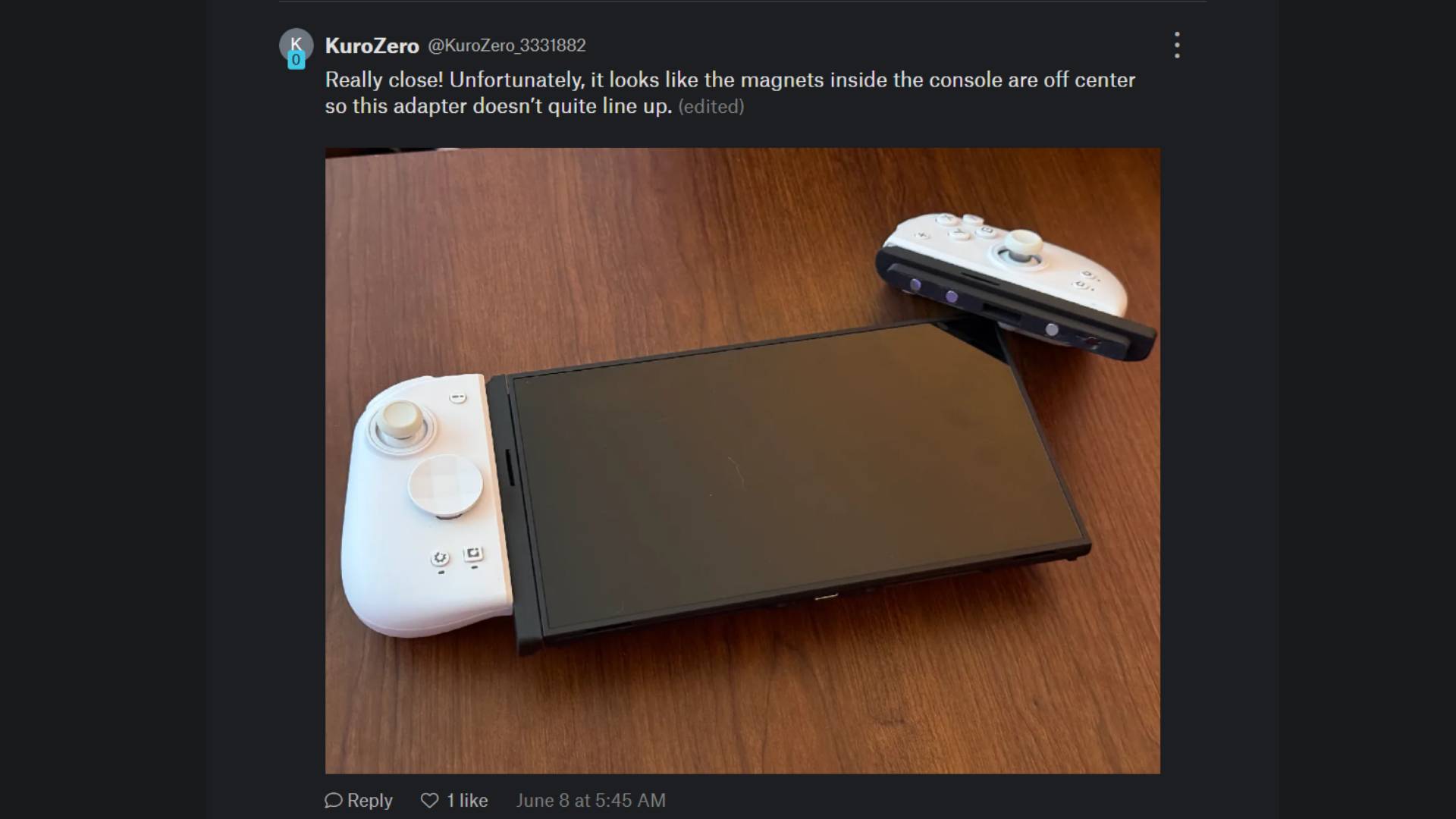 Comment on Printables project page featuring user KuroZero's image of Joy-Con adapters being used with white Switch controller.