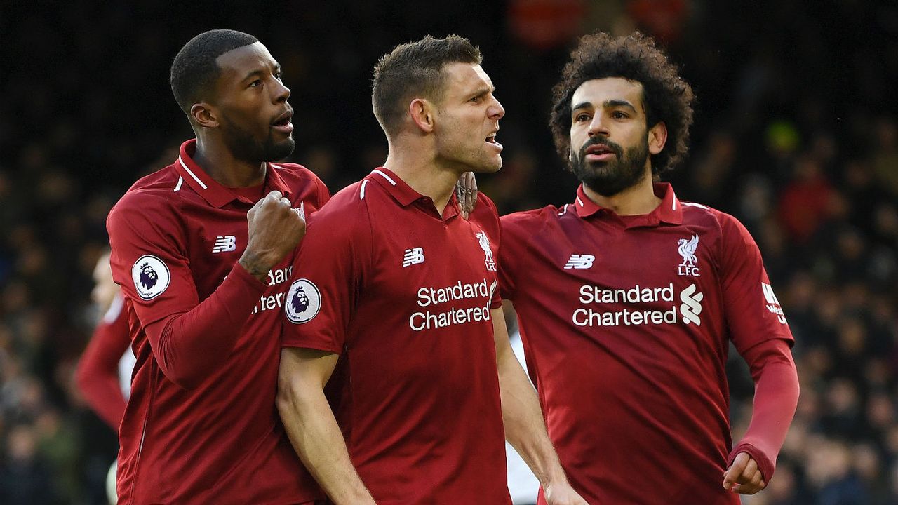 James Milner (centre) scored Liverpool’s winning goal against Fulham at Craven Cottage