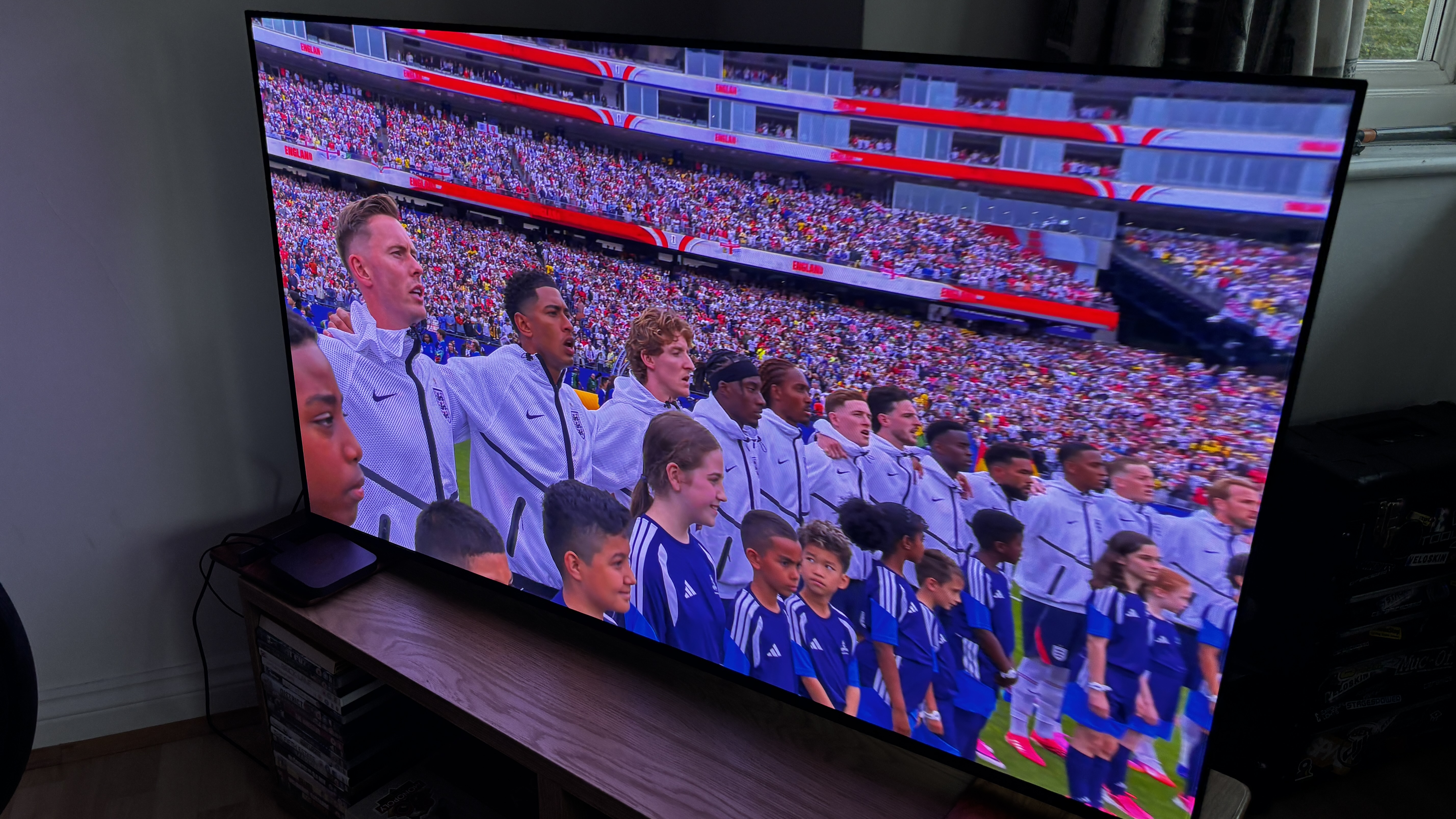 Sony TV showing England team and mascots lined up before kick off at the football World Cup 2026