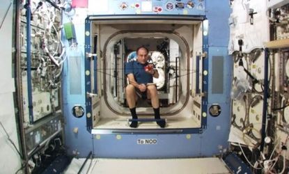 NASA astronaut Don Pettit gives an Angry Birds demo aboard the International Space Station.