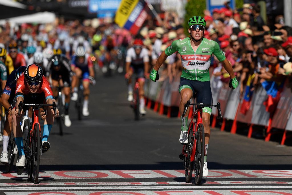 Team Treks Danish rider Mads Pedersen R crosses the finish line in first place and Team Bahrains British rider Fred Wright L in second place during the 19th stage of the 2022 La Vuelta cycling tour of Spain a 1383 km race from Talavera de la Reina to Talavera de la Reina on September 9 2022 Photo by Oscar DEL POZO CANAS AFP Photo by OSCAR DEL POZO CANASAFP via Getty Images