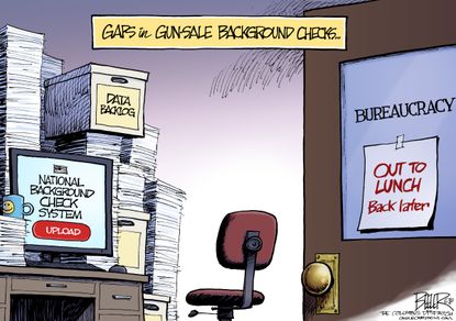 Political cartoon U.S. gun control background checks bureaucracy