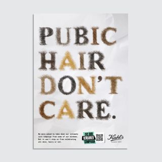 Kiehl's advert that says 'pubic hair don't care' written in a font made out of pubic hair