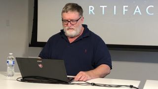 Gabe Newell gives a presentation at Valve about upcoming card game Artifact.