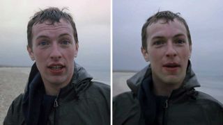 Chris Martin walking on a story beach in the videos for Yellow and Grace