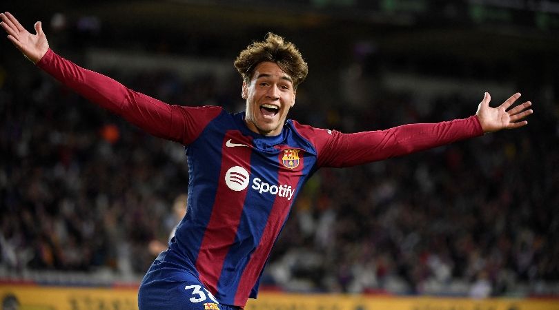 Barcelona youngster Marc Guiu celebrates after scoring on his debut at the age of 17 against Athletic Club in LaLiga in October 2023.