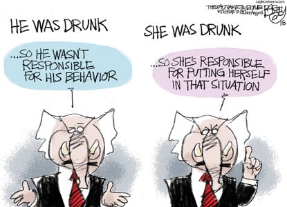 Political cartoon U.S. sexual assault allegation double standard republicans drunk Brett Kavanaugh Christine Ford